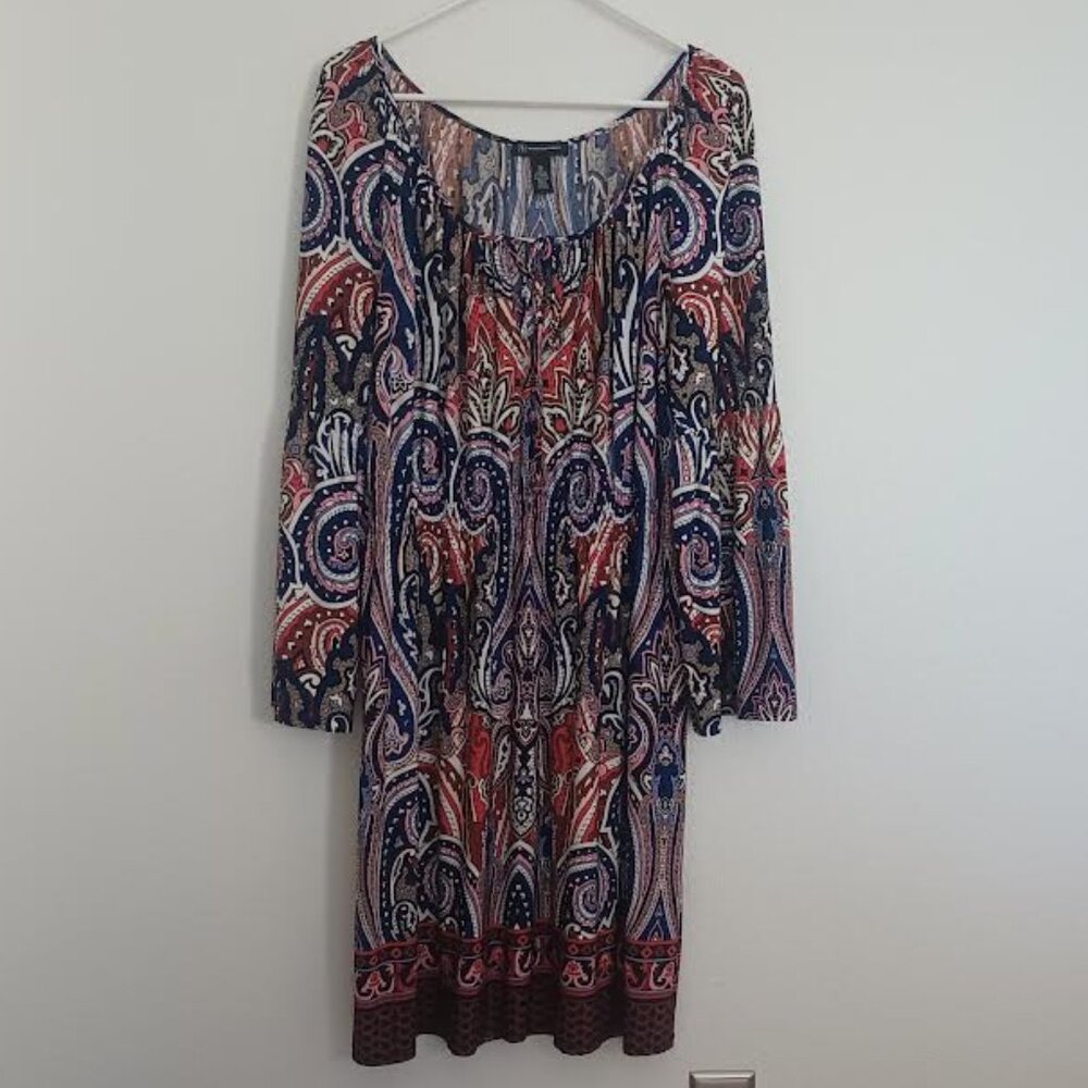 INC INTERNATIONAL CONCEPTS DRESS BLUE PAISLEY LONG SLEEVE ELASTIC WAIST SIZE XL